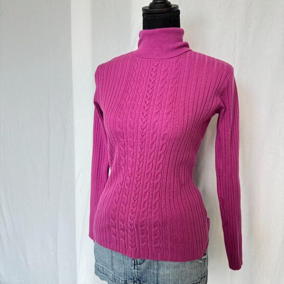 2000s Fuchsia Cableknit Turtleneck Sweater \ Y2K Sweater - Picture 4 of 6